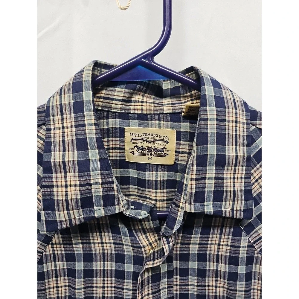 Levis Mens Blue Vintage Plaid‎ Pearl Snap Western Shirt Long Sleeve Sz M